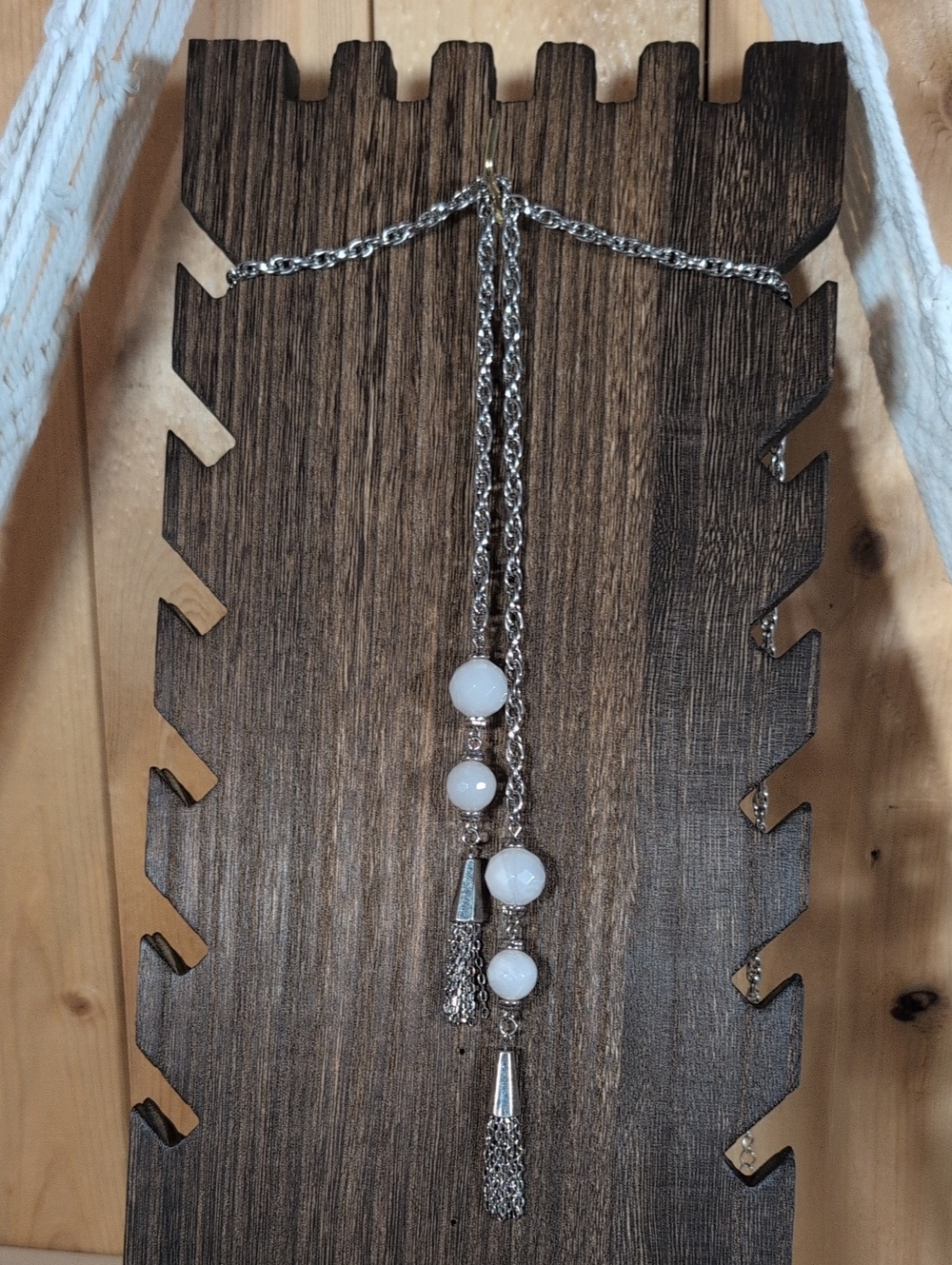 Silver-Tone White Bead Lariat Necklace Y-Drop Tassel